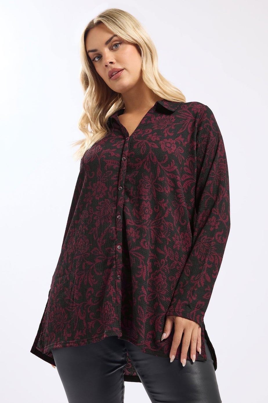 Yours Curve Black Floral Print Textured Shirt