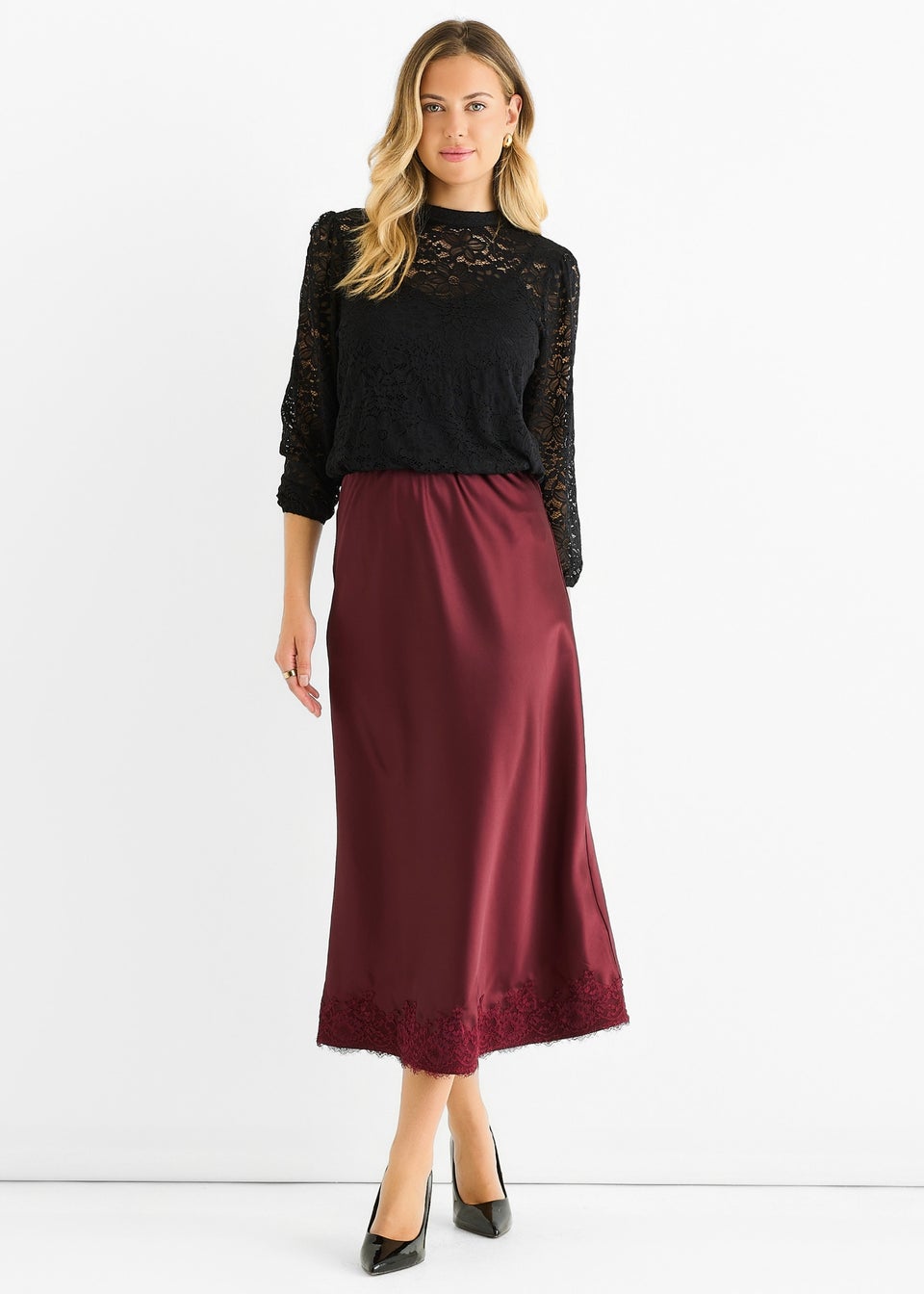 Gini London Black High Neck Jersey Lace Loose Fit Blouse