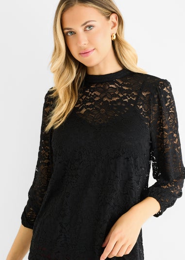 Gini London Black High Neck Jersey Lace Loose Fit Blouse
