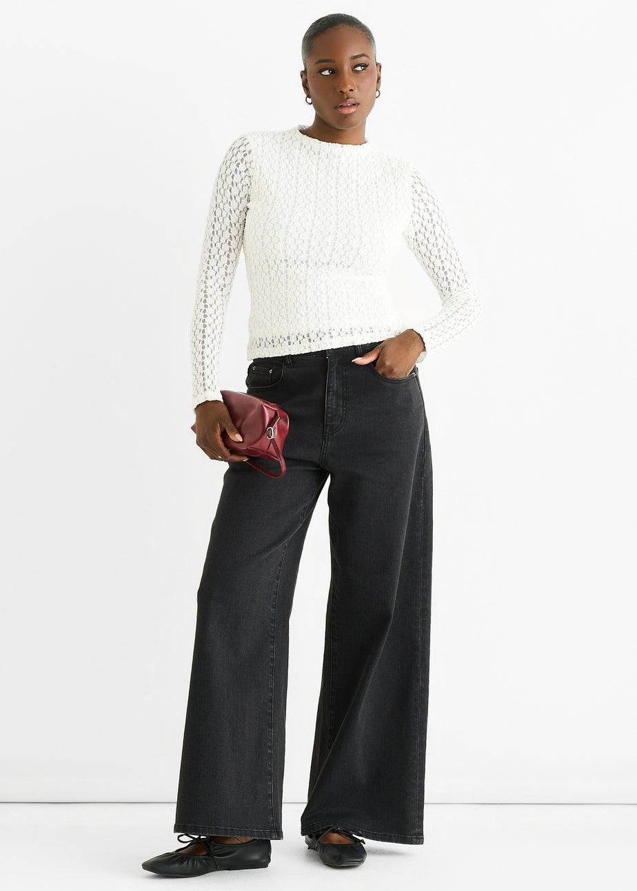 Gini London White High Neck Jersey Lace Long Sleeves Top