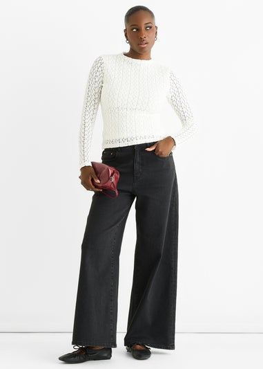 Gini London White High Neck Jersey Lace Long Sleeves Top