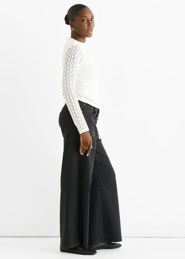 Gini London White High Neck Jersey Lace Long Sleeves Top