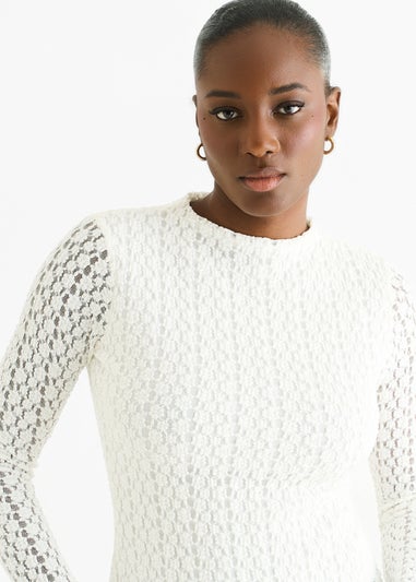 Gini London White High Neck Jersey Lace Long Sleeves Top