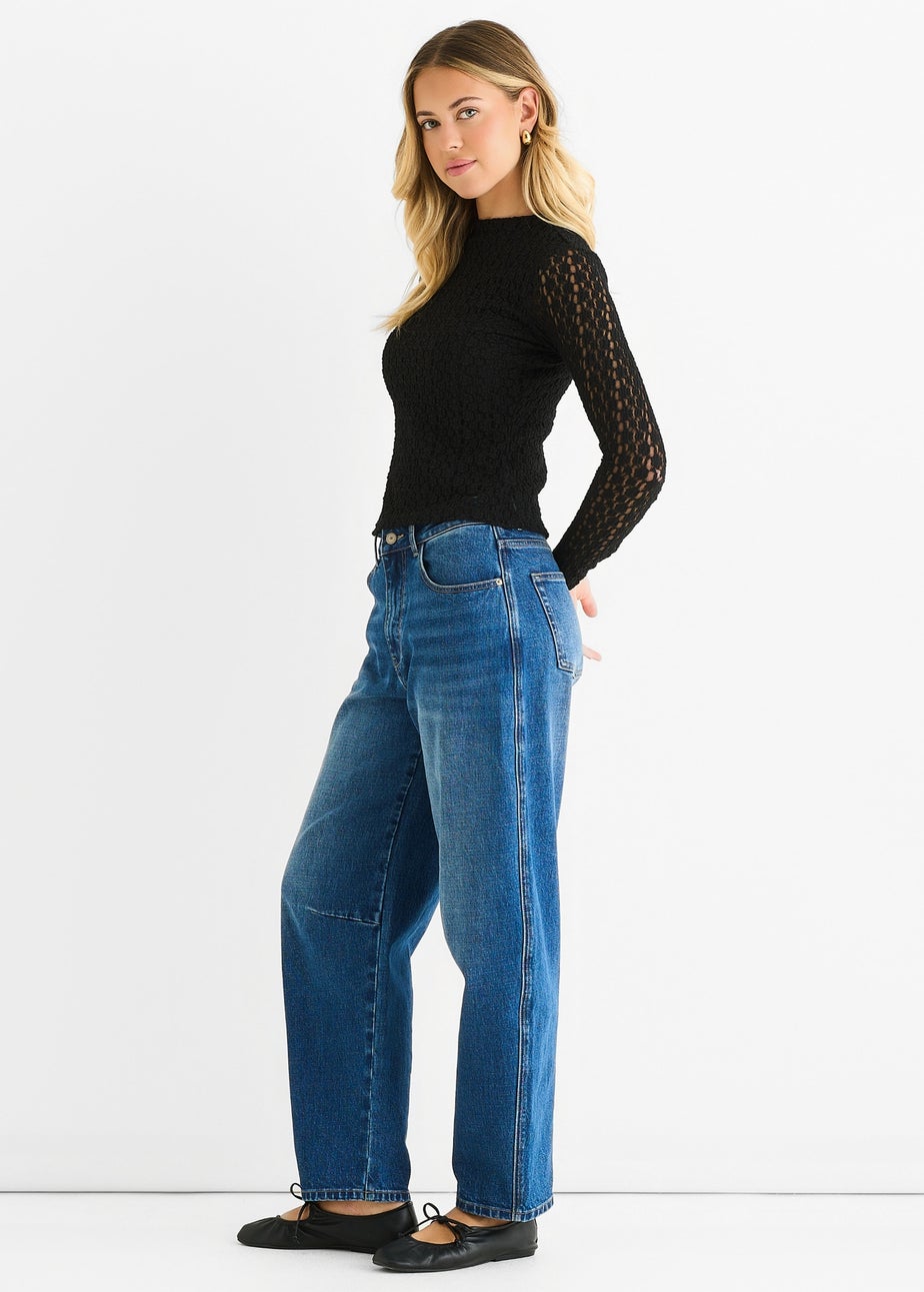 Gini London Black High Neck Jersey Lace Long Sleeves Top