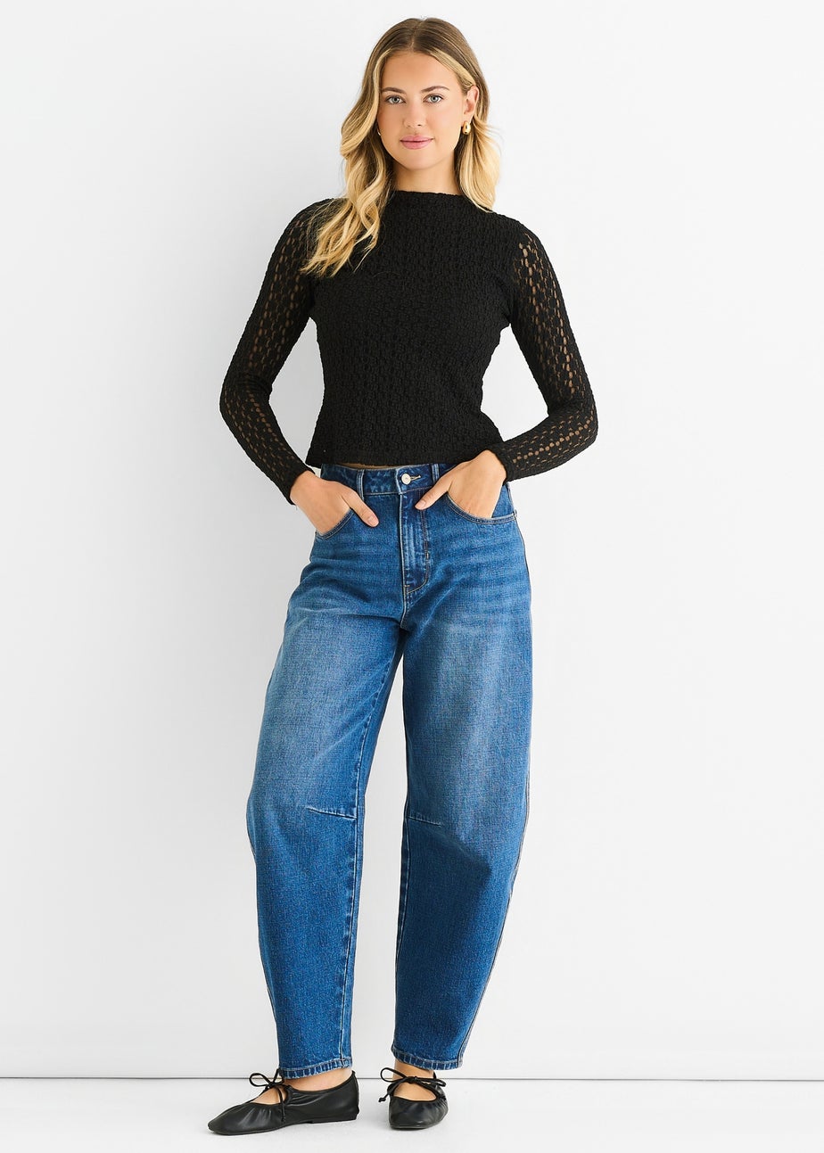 Gini London Black High Neck Jersey Lace Long Sleeves Top