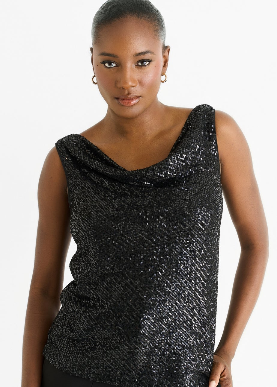 Gini London Black Sequin Cowl Neck Cami Top
