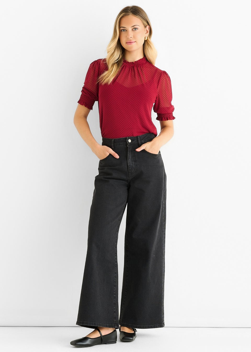 Gini London Red HIgh Neck Lace loose Fit Blouse