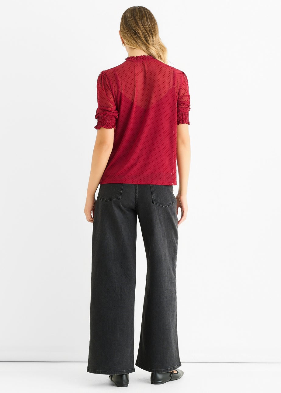 Gini London Red HIgh Neck Lace loose Fit Blouse