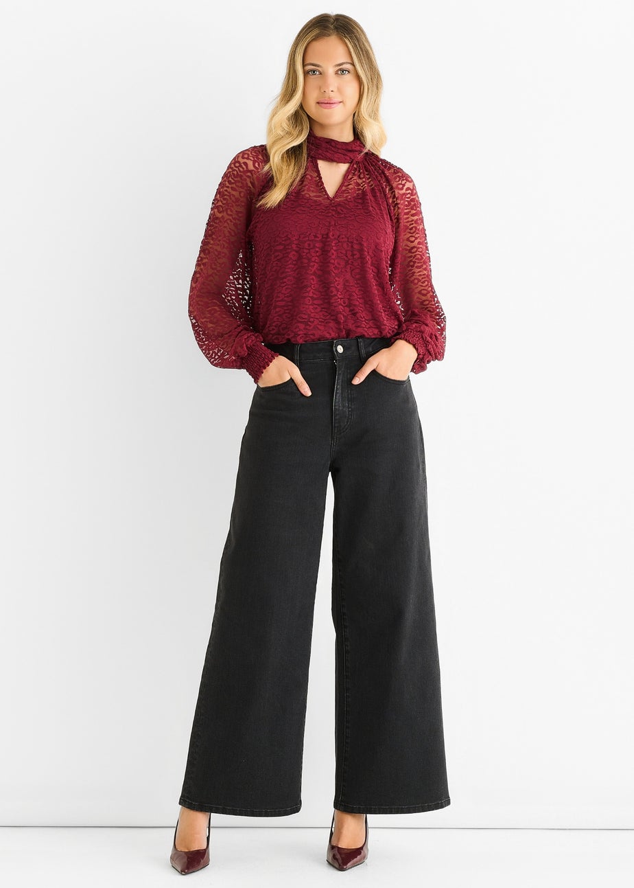 Gini London Burgundy Animal Lace Neck Tie Detail Blouse