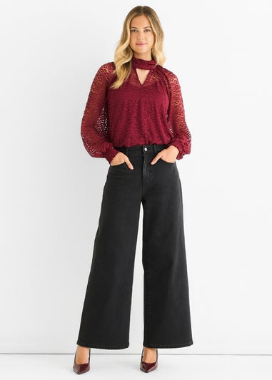 Gini London Burgundy Animal Lace Neck Tie Detail Blouse