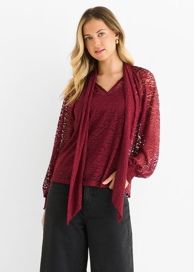 Gini London Burgundy Animal Lace Neck Tie Detail Blouse