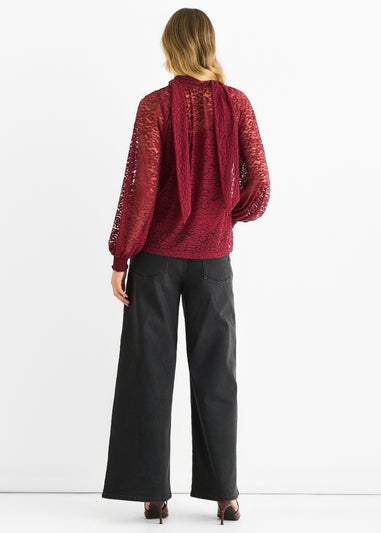 Gini London Burgundy Animal Lace Neck Tie Detail Blouse