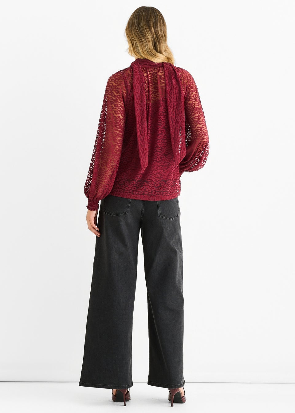 Gini London Burgundy Animal Lace Neck Tie Detail Blouse