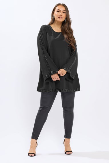 Yours Black Sequin Panel Flare Tunic Top