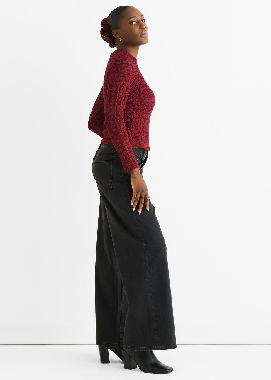 Gini London Burgundy High Neck Jersey Lace Long Sleeves Top