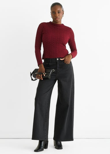 Gini London Burgundy High Neck Jersey Lace Long Sleeves Top