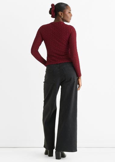 Gini London Burgundy High Neck Jersey Lace Long Sleeves Top