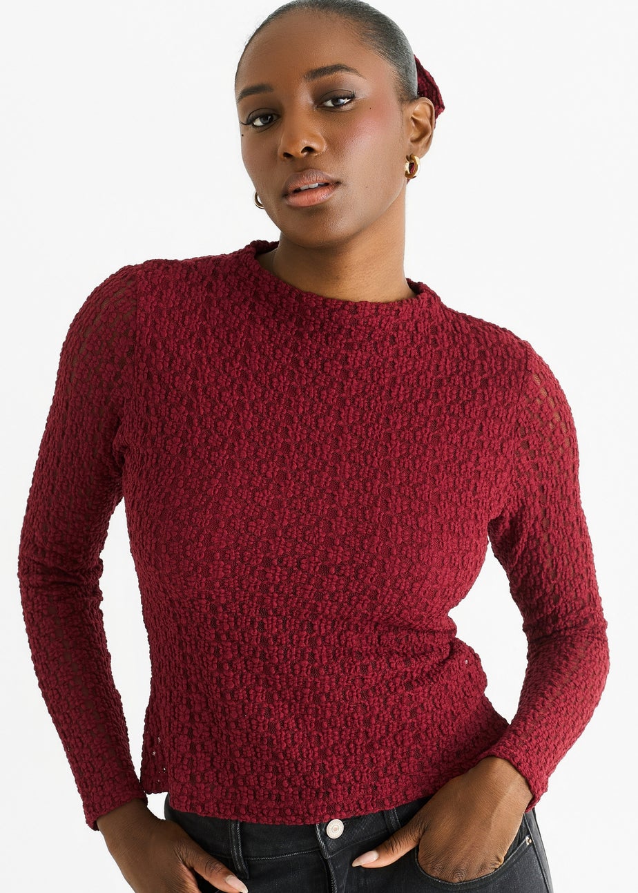 Gini London Burgundy High Neck Jersey Lace Long Sleeves Top