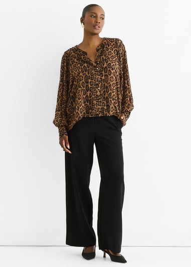 Gini London Brown Chiffon Animal Print Pleated Shift Shirt Blouse