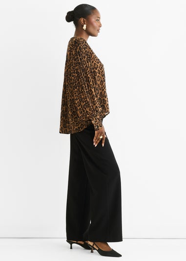 Gini London Brown Chiffon Animal Print Pleated Shift Shirt Blouse