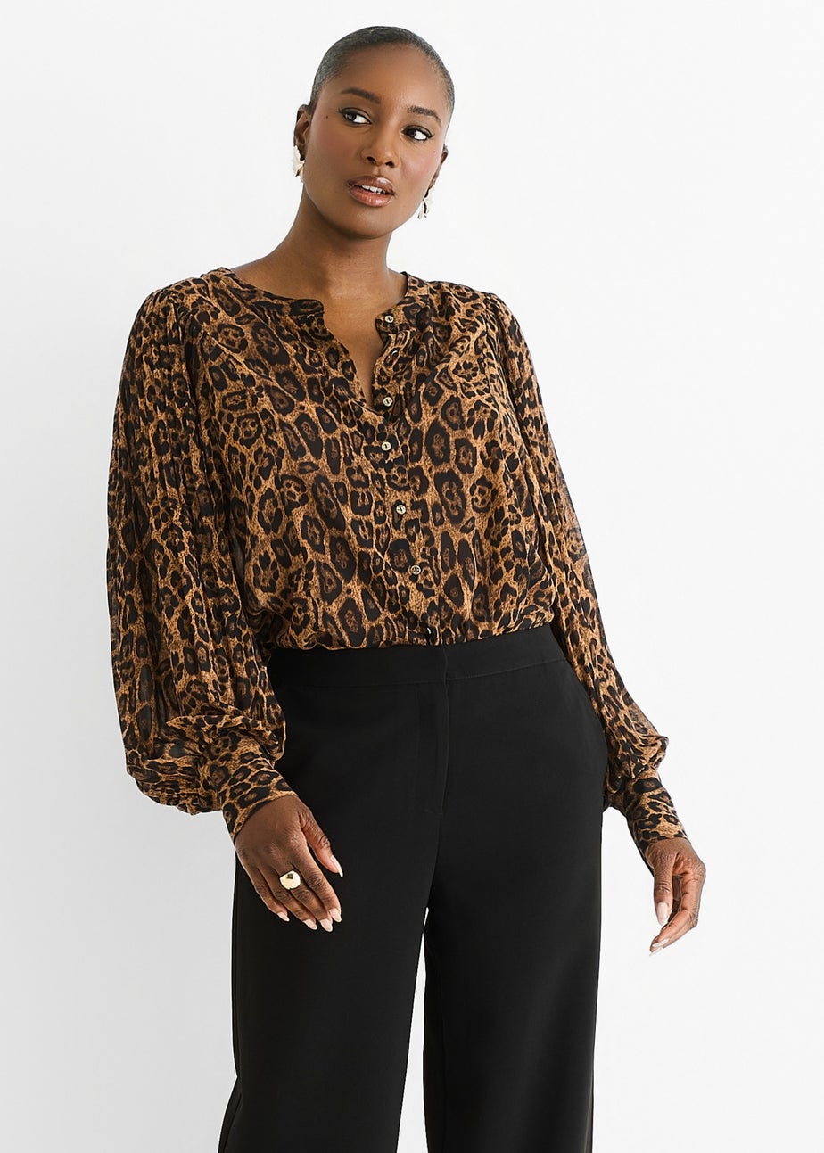 Gini London Brown Chiffon Animal Print Pleated Shift Shirt Blouse