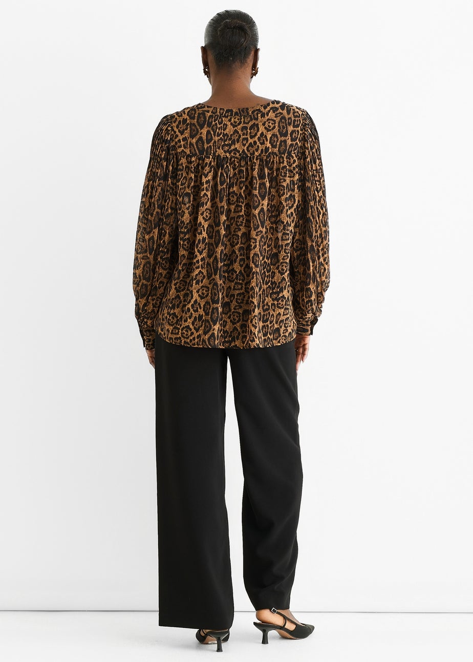 Gini London Brown Chiffon Animal Print Pleated Shift Shirt Blouse