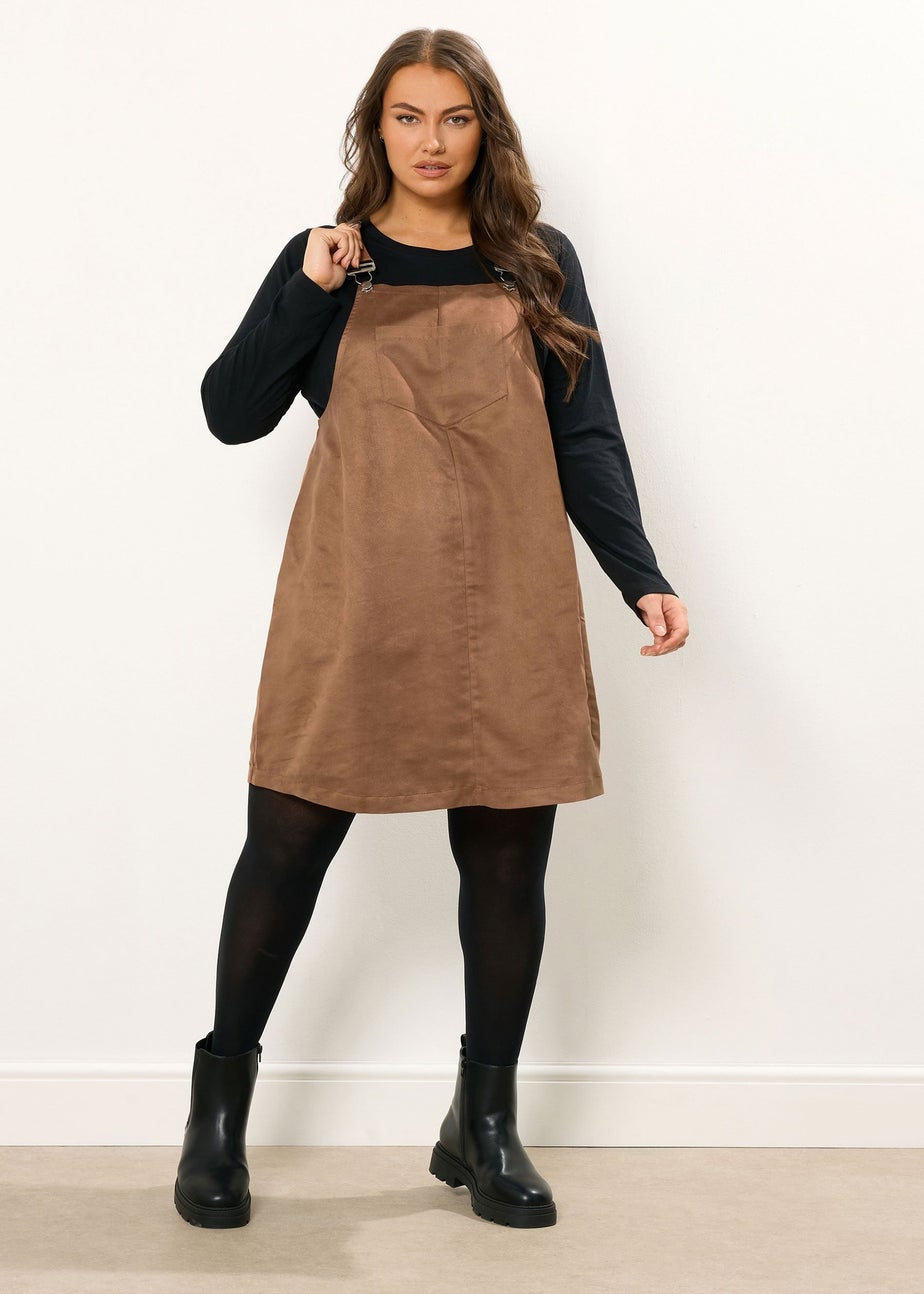Yours Curve Brown Faux Suede Pinafore Dress
