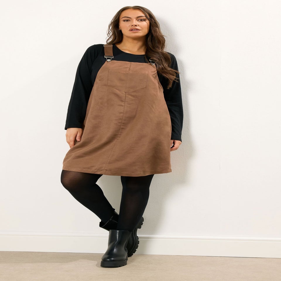 Yours Curve Brown Faux Suede Pinafore Dress