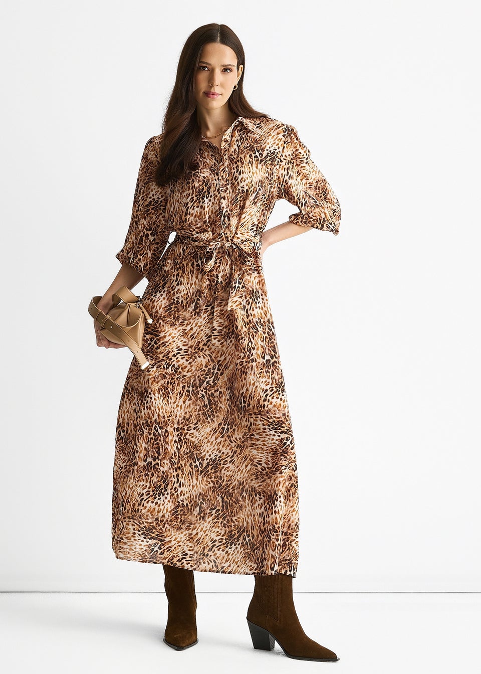Gini London Brown Animal Printed Shirt Midi Dress