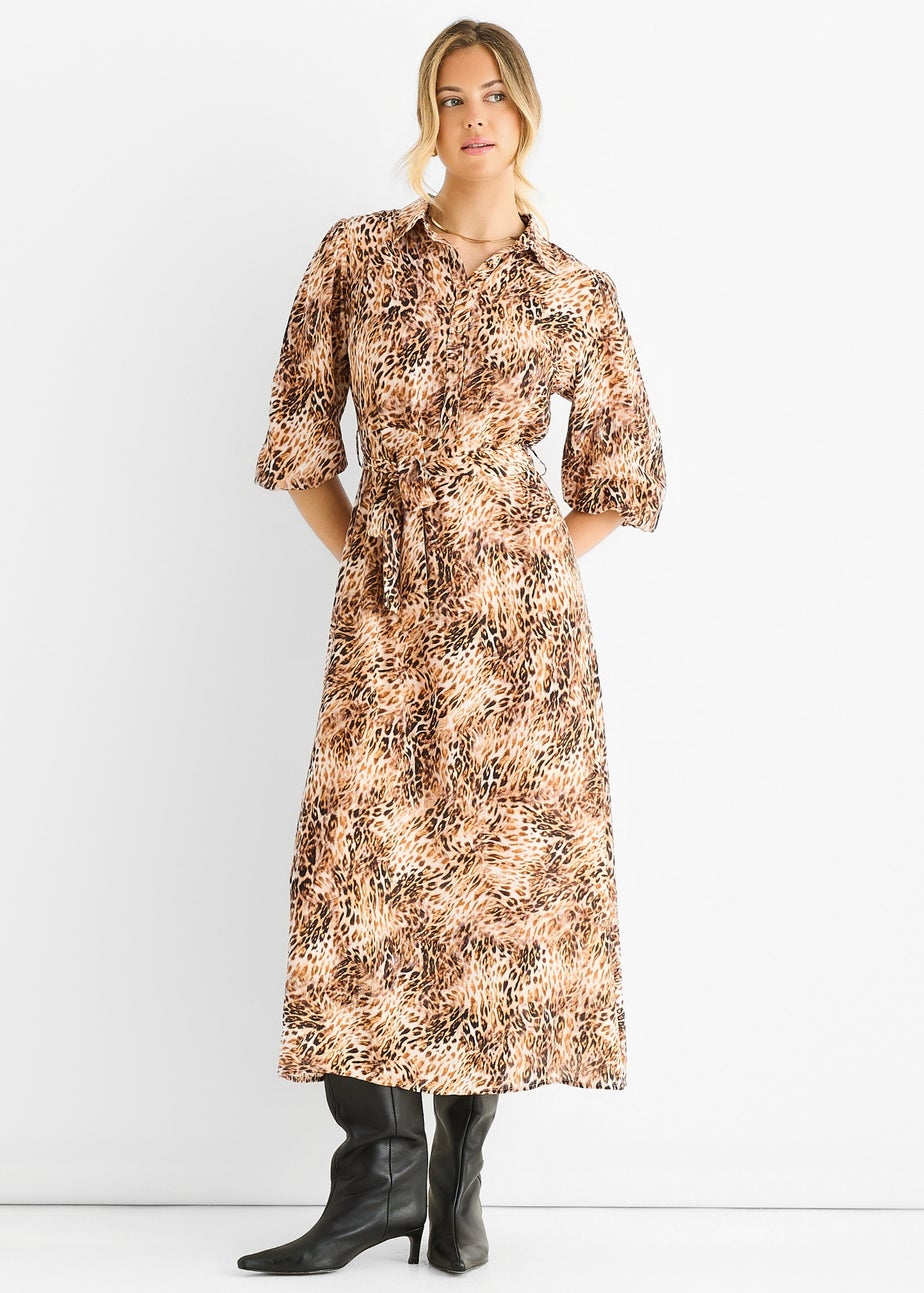 Gini London Brown Animal Printed Shirt Midi Dress