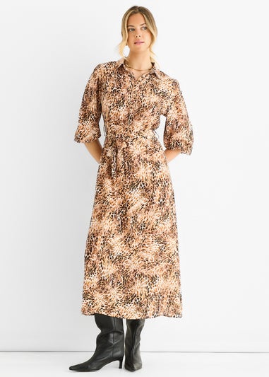 Gini London Brown Animal Printed Shirt Midi Dress