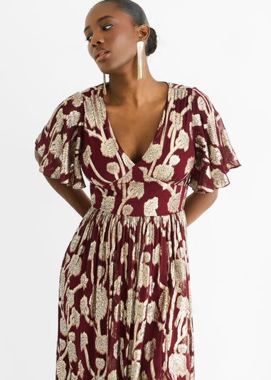 Gini London Burgundy Metallic Jacquard Flutter Sleeves Floral Maxi Dress