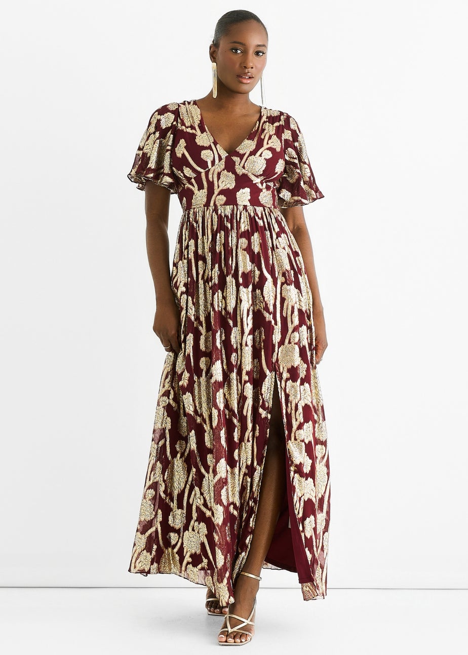 Gini London Burgundy Metallic Jacquard Flutter Sleeves Floral Maxi Dress