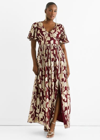 Gini London Burgundy Metallic Jacquard Flutter Sleeves Floral Maxi Dress