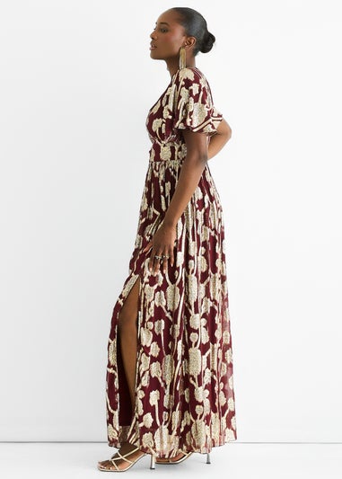 Gini London Burgundy Metallic Jacquard Flutter Sleeves Floral Maxi Dress