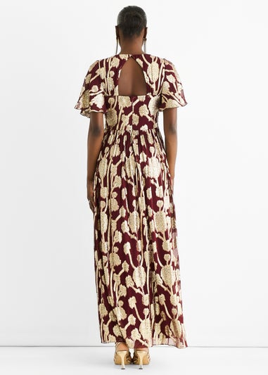 Gini London Burgundy Metallic Jacquard Flutter Sleeves Floral Maxi Dress