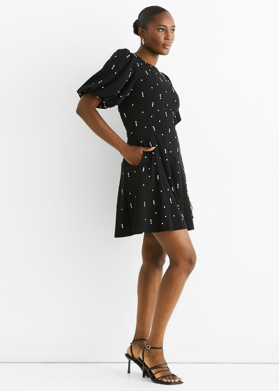 Gini London Black Diamante Trim Puff Ball Sleeves Stretchy Mini Dress