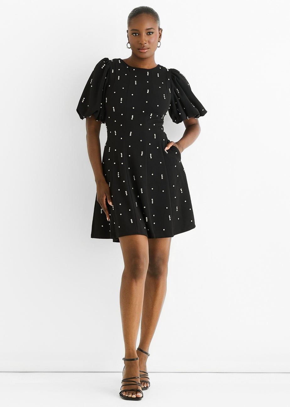 Gini London Black Diamante Trim Puff Ball Sleeves Stretchy Mini Dress