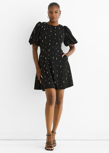 Gini London Black Diamante Trim Puff Ball Sleeves Stretchy Mini Dress