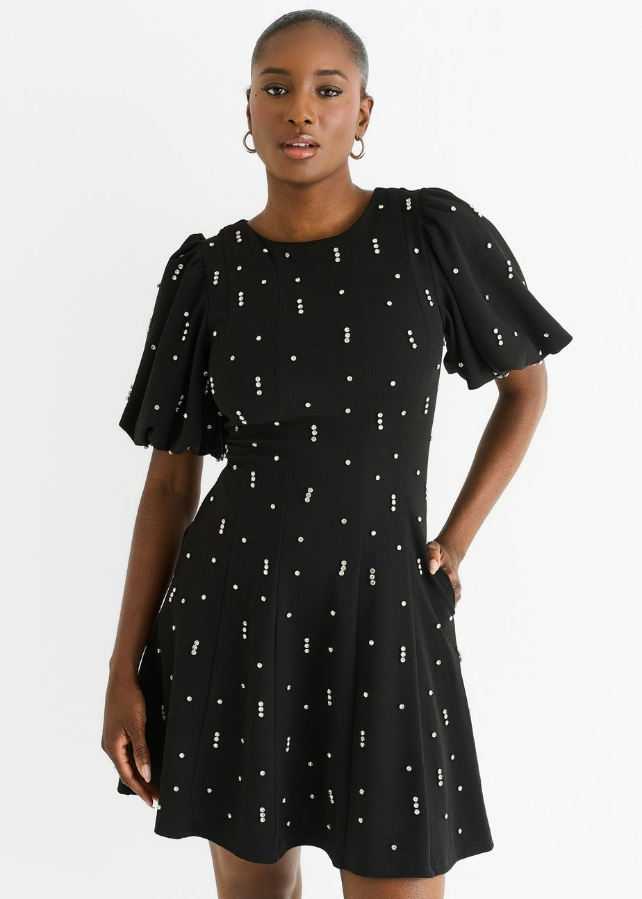 Gini London Black Diamante Trim Puff Ball Sleeves Stretchy Mini Dress