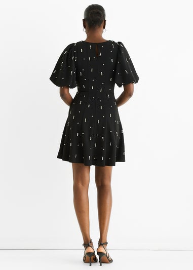 Gini London Black Diamante Trim Puff Ball Sleeves Stretchy Mini Dress