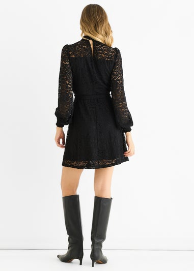 Gini London Black Jersey Lace High Neck Mini Skater Dress