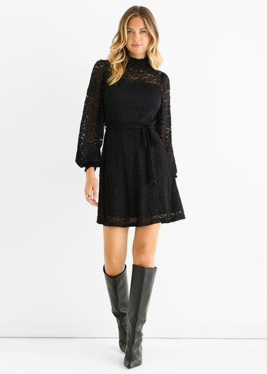 Gini London Black Jersey Lace High Neck Mini Skater Dress