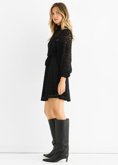 Gini London Black Jersey Lace High Neck Mini Skater Dress