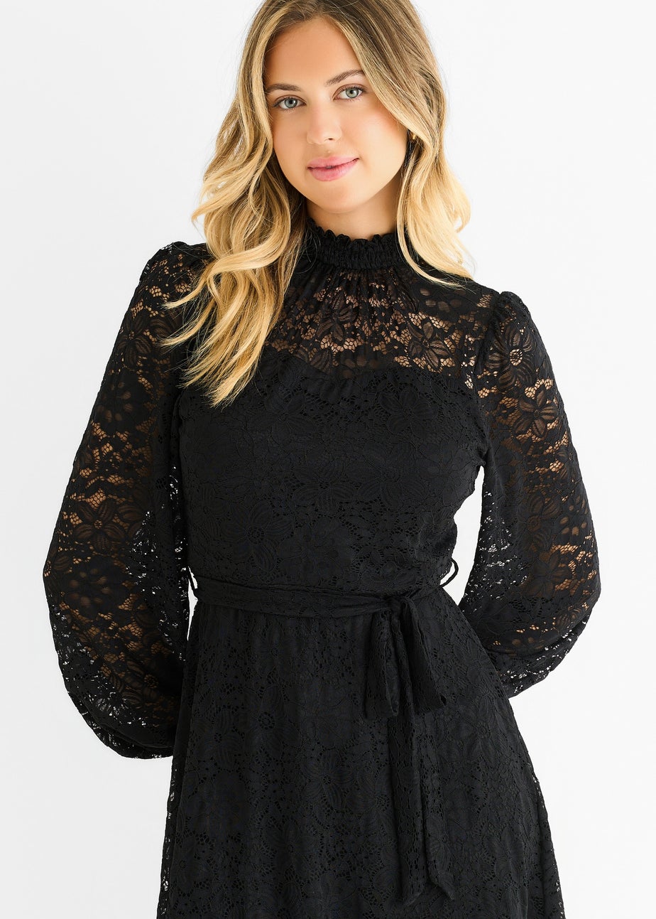 Gini London Black Jersey Lace High Neck Mini Skater Dress
