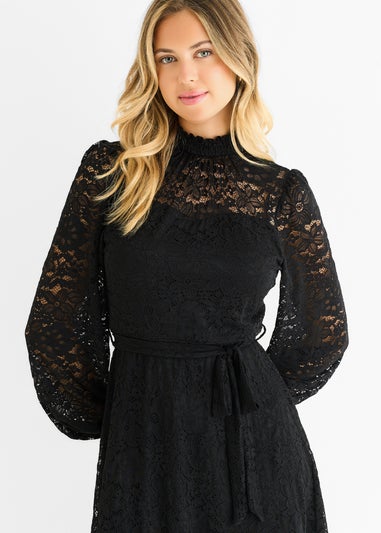 Gini London Black Jersey Lace High Neck Mini Skater Dress