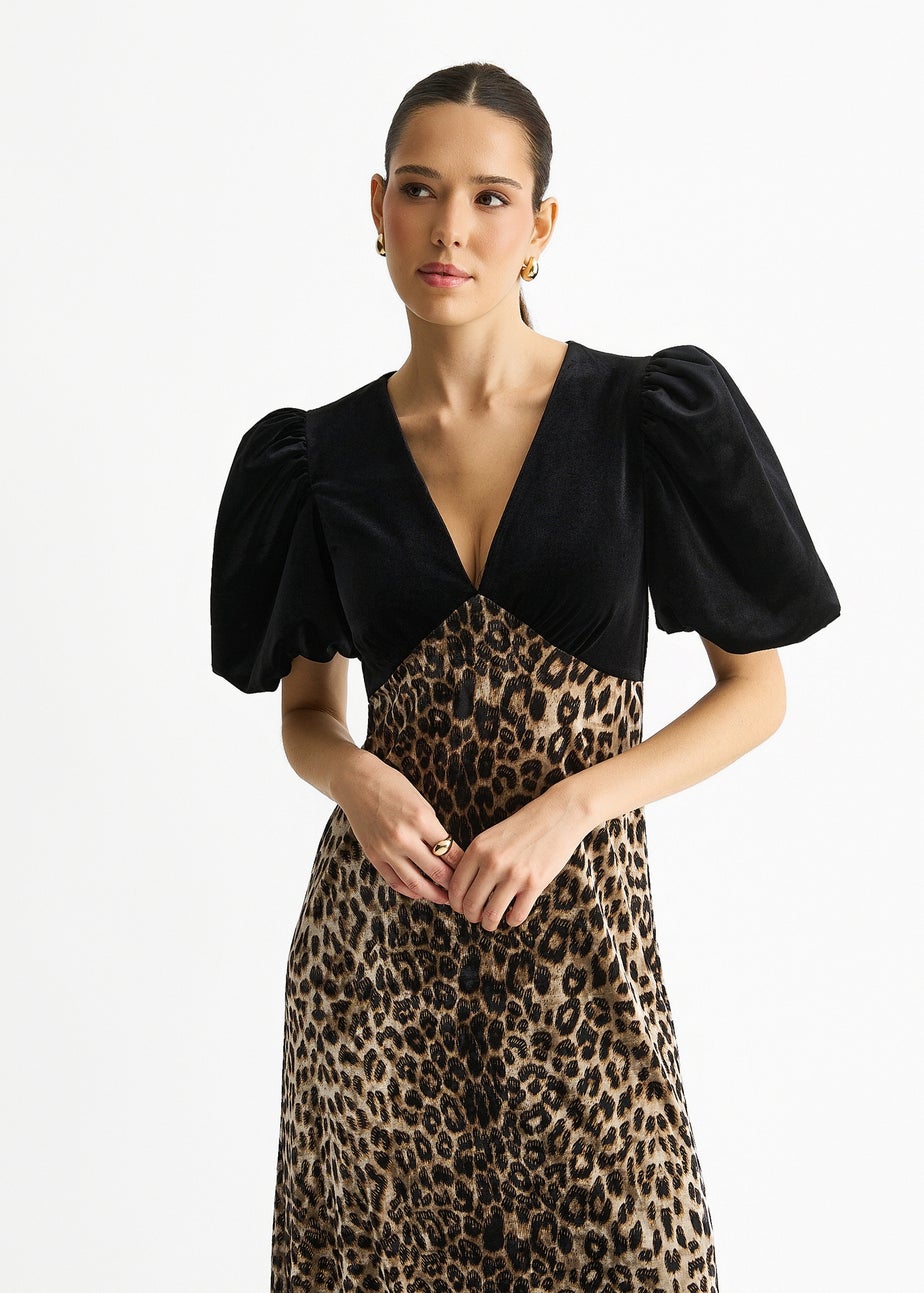 Gini London Black Animal Velvet Contrast Top Ocassion Midi Dress