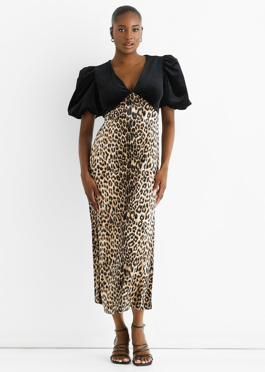 Gini London Black Animal Velvet Contrast Top Ocassion Midi Dress