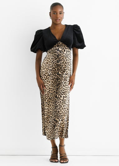 Gini London Black Animal Velvet Contrast Top Ocassion Midi Dress