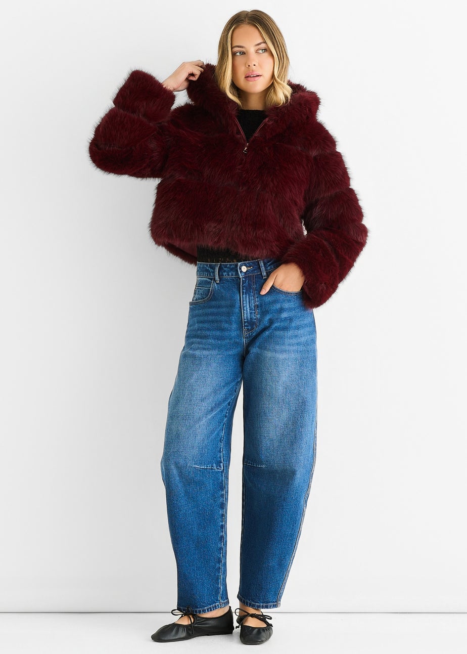 Gini London Burgundy Panel Faux Fur  Zip Front Jacket